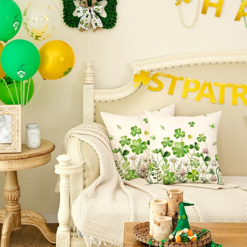AACORS St.Patricks Day Pillow Covers 18X18 Inch Set of 2,Shamrock Floral Decorations Holiday Spring Decorative Pillow Case Decor for Sofa Couch (Green) - Image 5
