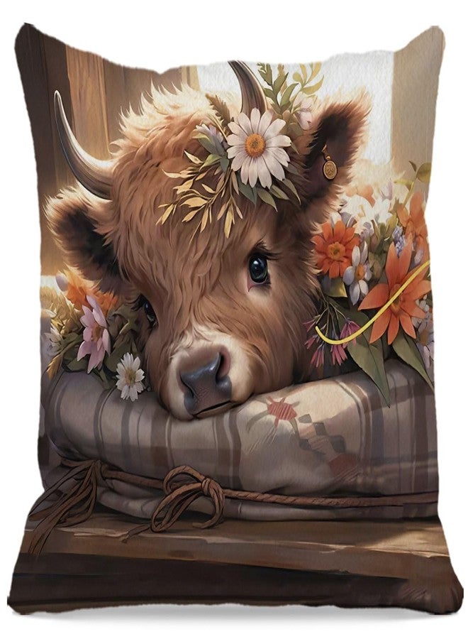 OFlich Of Lich Celtic Cow Pillow Covers - 18x18 Summer Daisy Floral Decor Highland Style - Image 1