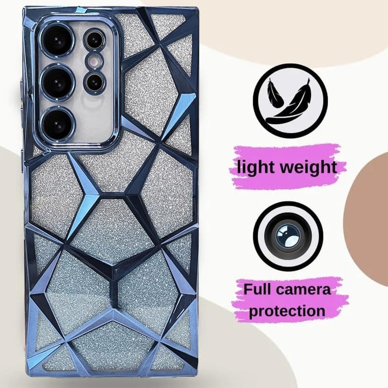 VONZEE Gradient Glitter Case for Samsung S24 Ultra, Luxury Electroplated 3D Cube, Diamond Bling Shiny Soft TPU Clear Shockproof Women Girls Protective Phone Cover (Sierra Blue) - Image 2