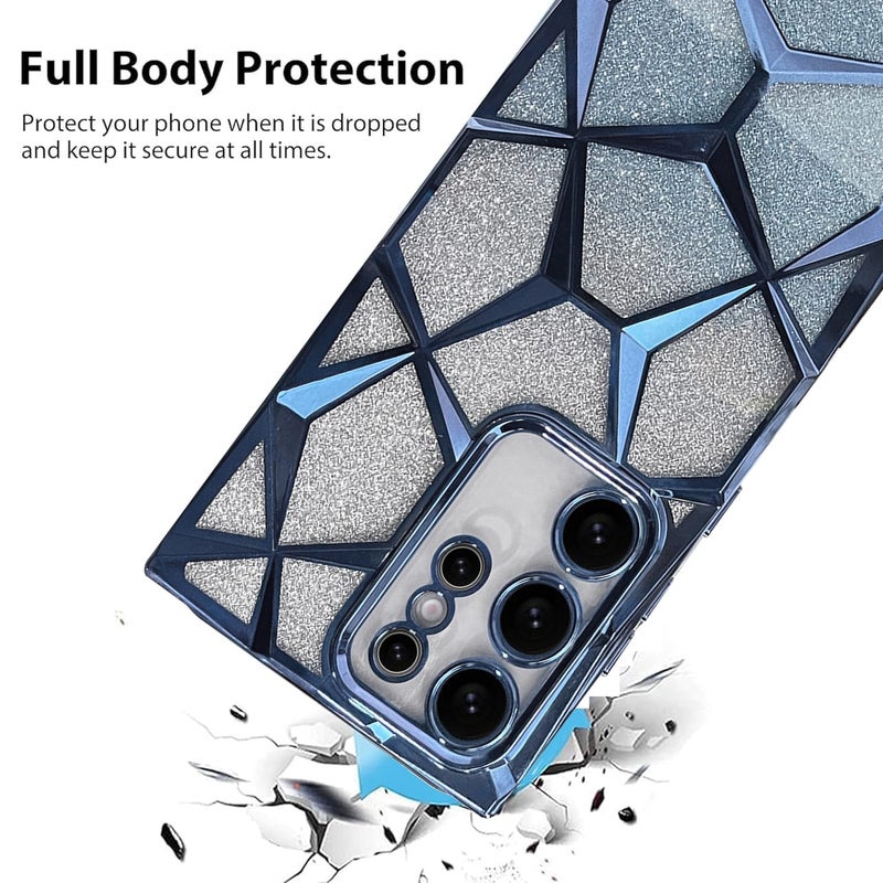 VONZEE Gradient Glitter Case for Samsung S24 Ultra, Luxury Electroplated 3D Cube, Diamond Bling Shiny Soft TPU Clear Shockproof Women Girls Protective Phone Cover (Sierra Blue) - Image 3