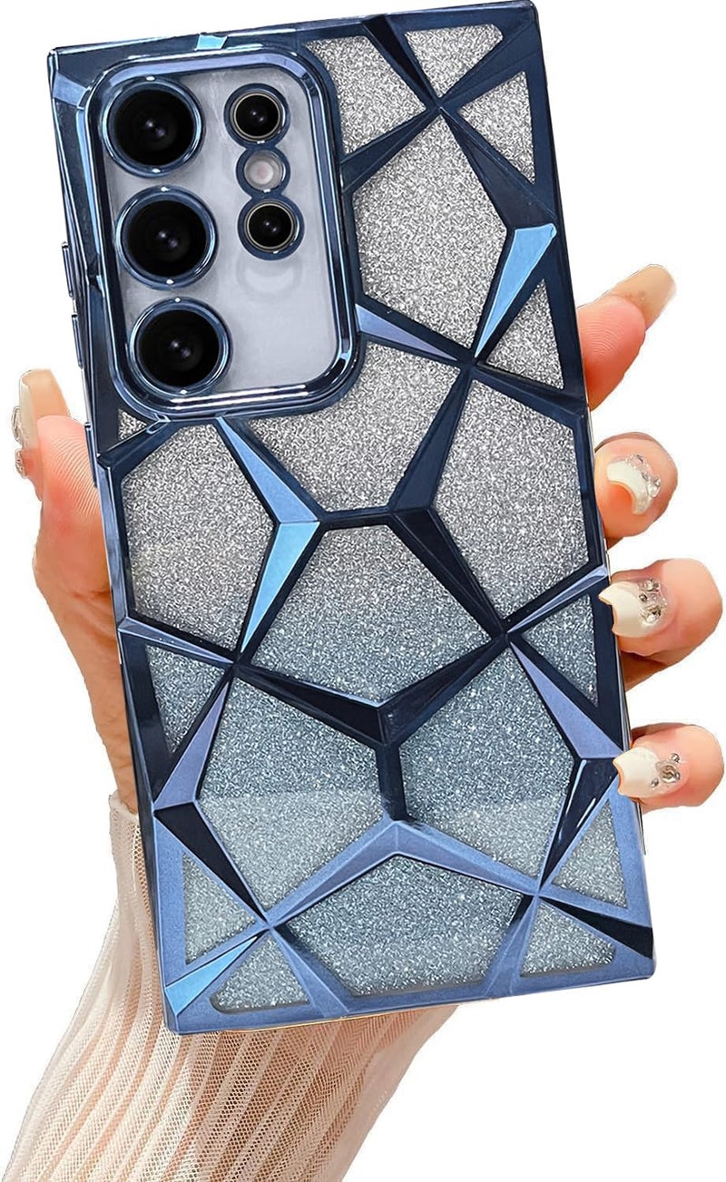 VONZEE Gradient Glitter Case for Samsung S24 Ultra, Luxury Electroplated 3D Cube, Diamond Bling Shiny Soft TPU Clear Shockproof Women Girls Protective Phone Cover (Sierra Blue) - Image 1