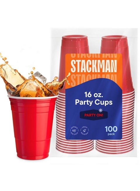 Red Cups - Party Cups - Disposable Plastic Cups [16 oz - 100 Pack] Fun & Durable Party Cups for Drinking & Playing - Bulk Case of 100 Cups, By Stack Man