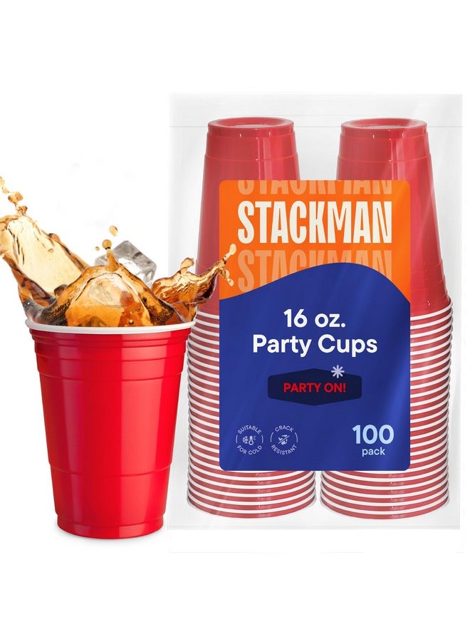 Stack Man Red Cups - Party Cups - Disposable Plastic Cups [16 oz - 100 Pack] Fun & Durable Party Cups for Drinking & Playing - Bulk Case of 100 Cups, By Stack Man  - Image 1