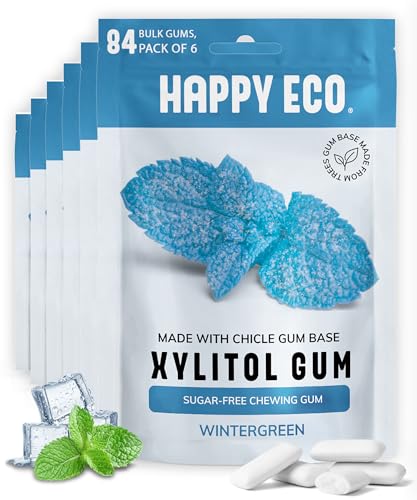 HAPPY ECO Sugar Free Natural Chewing Gum 6 Pack 84 Pieces  Plastic Free Xylitol Gum with Stevia  Aspartame Free  Vegan Gluten Free Keto  Wintergreen - Image 1