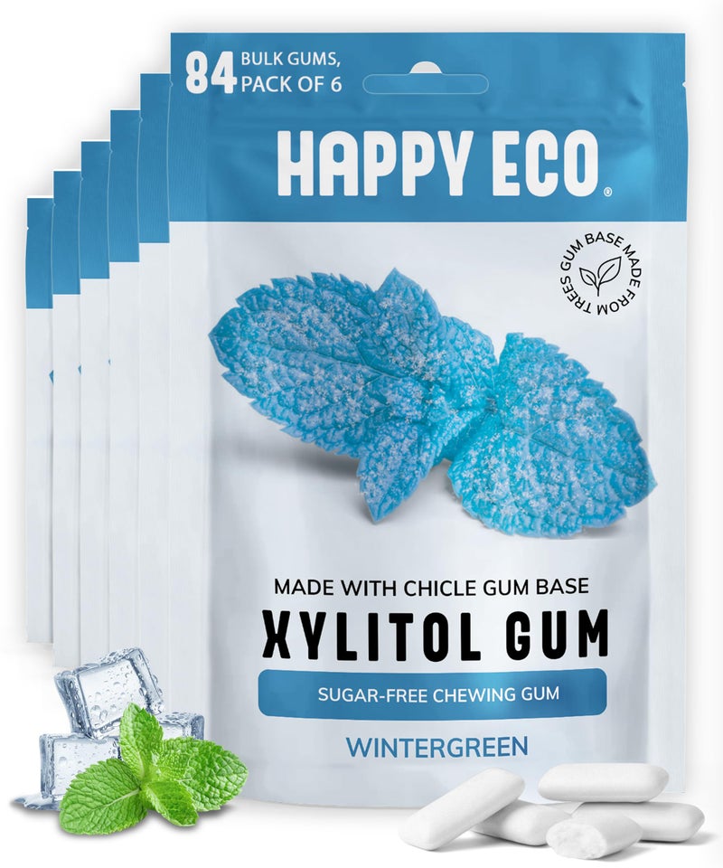 HAPPY ECO Sugar Free Natural Chewing Gum 6 Pack 84 Pieces  Plastic Free Xylitol Gum with Stevia  Aspartame Free  Vegan Gluten Free Keto  Wintergreen - Image 3