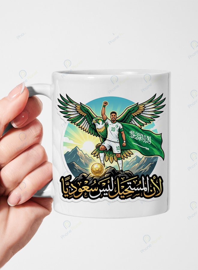 كوب من السيراميك الأبيض يحمل تصميمًا رائعاَ لللاعب السعودي سالم الدوسري مع عبارة لأن المستحيل ليس سعودياً