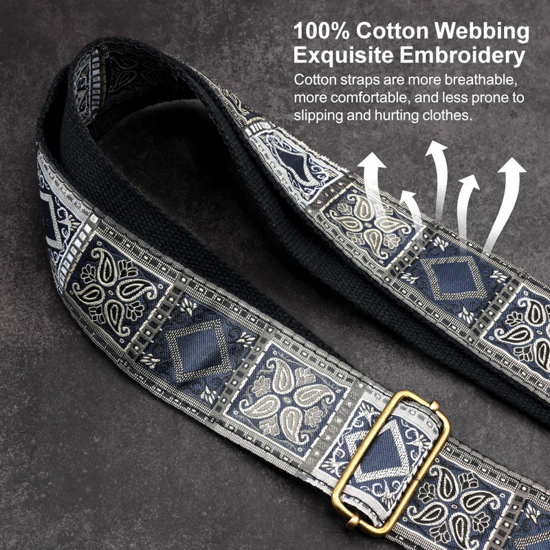 Nefelibata Guitar Strap,Crazy Horse Leather Jacquard Embroidery Cotton Guitar Straps for Bass, Electric & Acoustic, Best Gifts for Guitarists(Bohemian Dark Blue Chequered) - Image 4