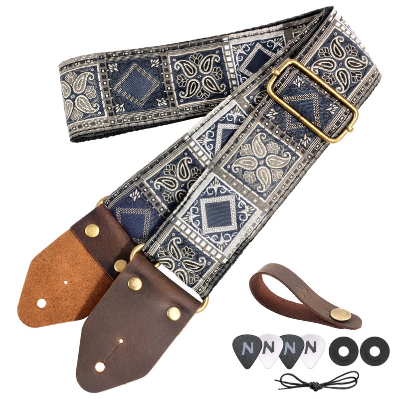 Nefelibata Guitar Strap,Crazy Horse Leather Jacquard Embroidery Cotton Guitar Straps for Bass, Electric & Acoustic, Best Gifts for Guitarists(Bohemian Dark Blue Chequered) - Image 1