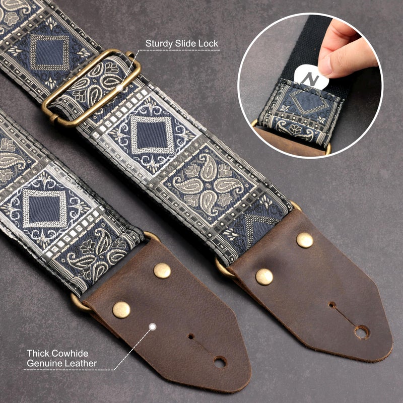 Nefelibata Guitar Strap,Crazy Horse Leather Jacquard Embroidery Cotton Guitar Straps for Bass, Electric & Acoustic, Best Gifts for Guitarists(Bohemian Dark Blue Chequered) - Image 3