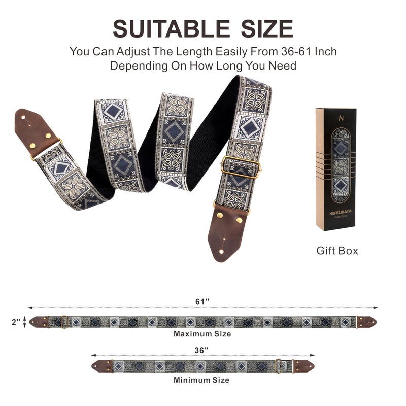 Nefelibata Guitar Strap,Crazy Horse Leather Jacquard Embroidery Cotton Guitar Straps for Bass, Electric & Acoustic, Best Gifts for Guitarists(Bohemian Dark Blue Chequered) - Image 5