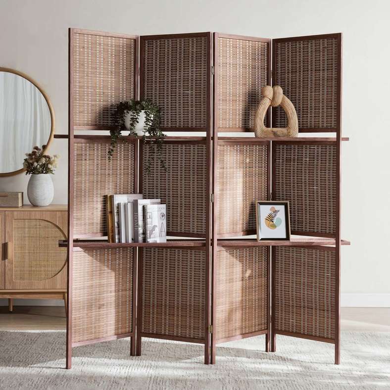 Pan Home Ansen Bamboo Screen 4-Panel Room Divider With Shelf 180x180cm - Dark Brown - Image 1