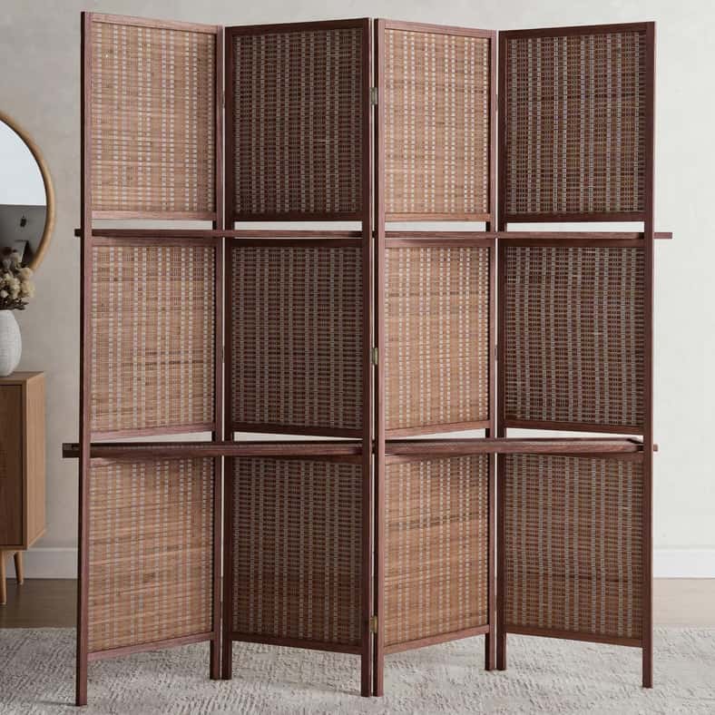 Pan Home Ansen Bamboo Screen 4-Panel Room Divider With Shelf 180x180cm - Dark Brown - Image 5