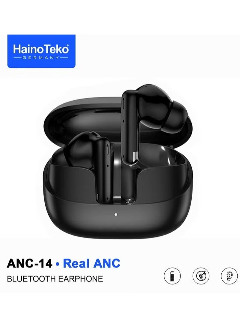Haino Teko ANC-14 Bluetooth Earphones with Real Active Noise Cancellation, Bass Music Experience, Super Clear Microphone & Multi-Functional Touch Control – Compatible with iPhones & iPads – Premium Black Wireless Earbuds for Superior Sound & Clear Calls - Image 1