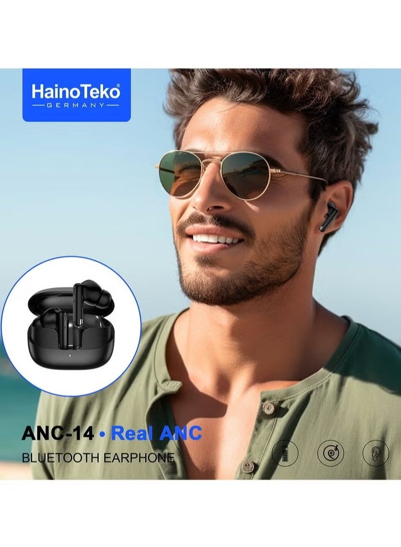 Haino Teko ANC-14 Bluetooth Earphones with Real Active Noise Cancellation, Bass Music Experience, Super Clear Microphone & Multi-Functional Touch Control – Compatible with iPhones & iPads – Premium Black Wireless Earbuds for Superior Sound & Clear Calls - Image 2