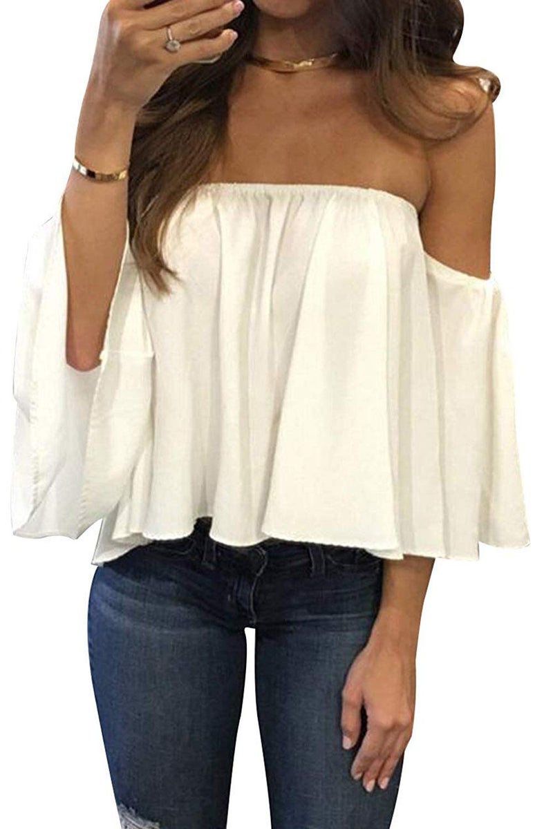 Bluetime Women Summer Off Shoulder Chiffon Blouse Ruffles Short Sleeves Tops Casual T Shirt (M, White) - Image 1