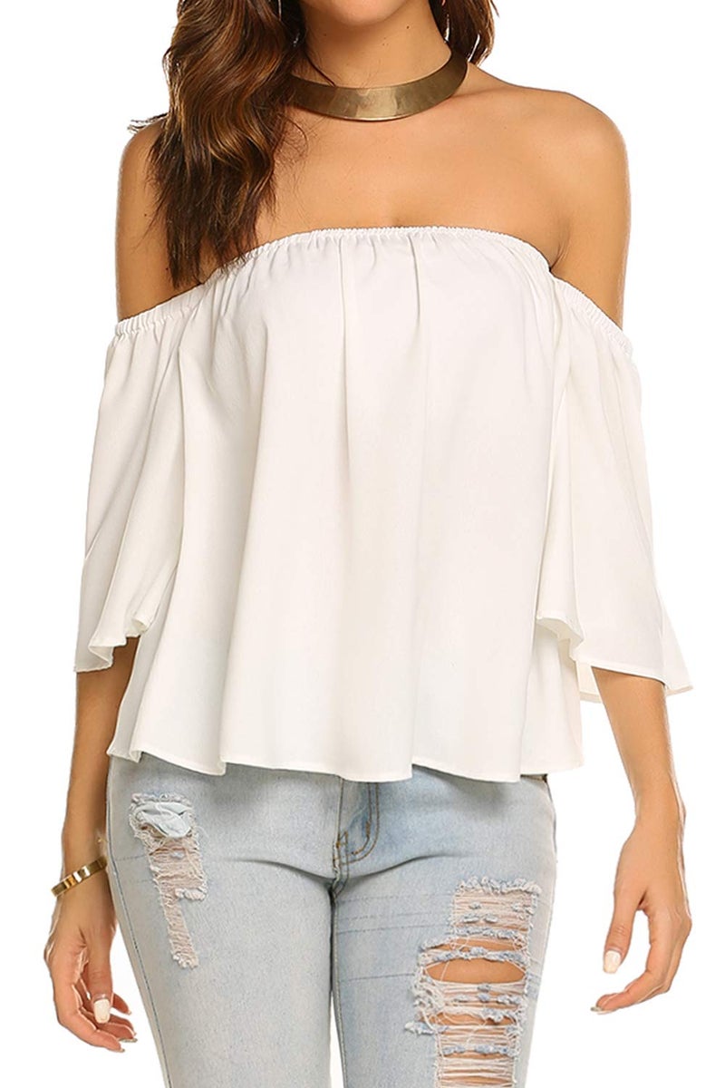 Bluetime Women Summer Off Shoulder Chiffon Blouse Ruffles Short Sleeves Tops Casual T Shirt (M, White) - Image 2
