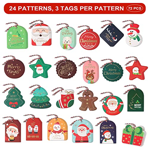 Berenlu Christmas Gift Tags, 72PCS Christmas Tags with String, Gold Foil Xmas Gift Tags Hanging Label for DIY Christmas Gift Wrap and Label Package - Image 3