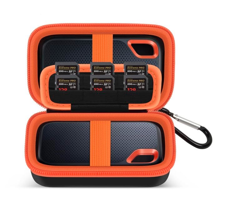 COMECASE Dual SSD Case for SanDisk Extreme Portable SSD Extreme Pro Hard Drive Storage Bag Fits 1TB 2TB 4TB 8TB External Solid State Drive with 12 SD Card Slots for Travel Orange Box Only - Image 1