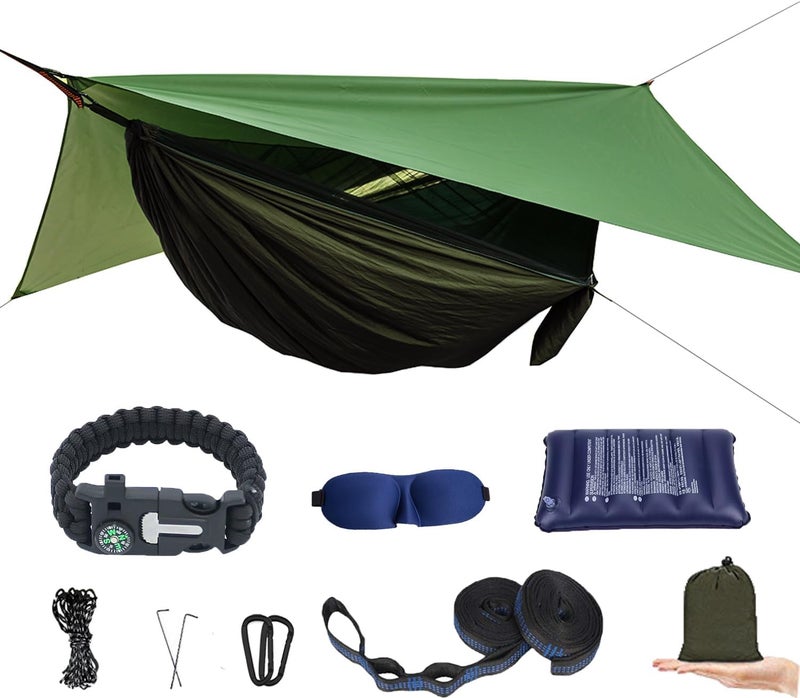 AEETT Camping Hammock with Mosquito Net and Rain Fly - Travel Hammock Bug Net - Hammock Tent for Outdoor Hiking Backpacking Travel Camping Accessories and Camping Gear… Military Green - Image 1