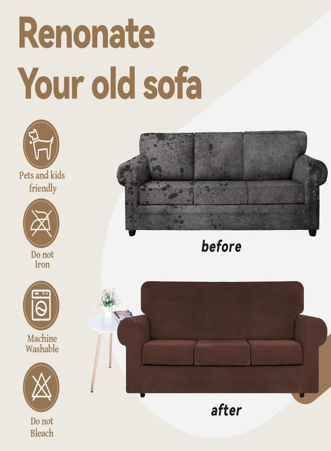 WEERRW 4 Pieces Velvet High Stretch Couch Covers for 3 Cushion Couch Sofa Slipcovers, Washable Furniture Protector with Non Slip Elastic Bottom, Feature Soft and Thick Plush Fabric, Chocolate, Large - Image 5