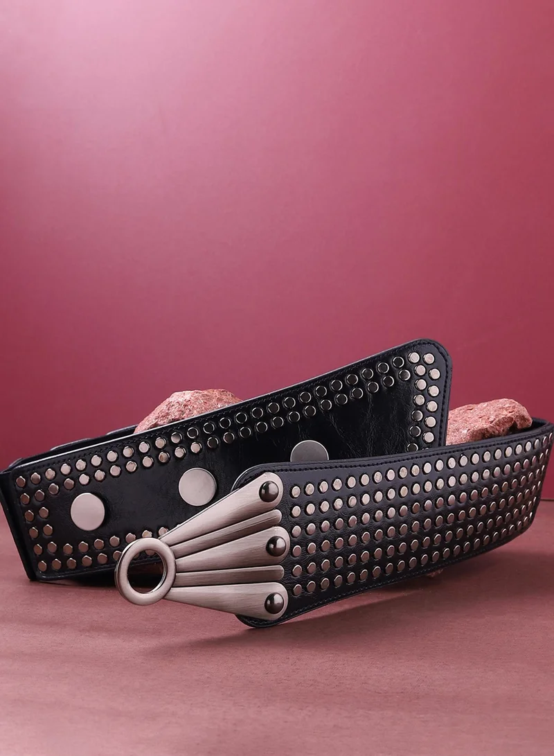 Haute Sauce  Black Textured Stretch Waist Belt for Women | Best Price UAE