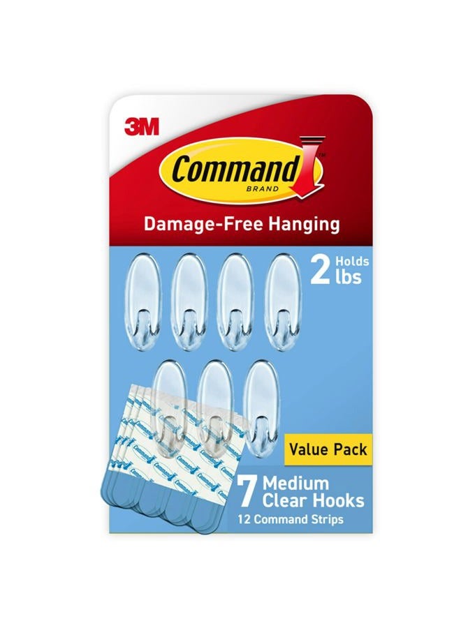 Command 3M Command Medium Wall Hooks, Damage-Free Hanging With Adhesive Strips for Back to School Dorm Organizers, 7 Clear Hooks and 12 Command Strips - Image 1