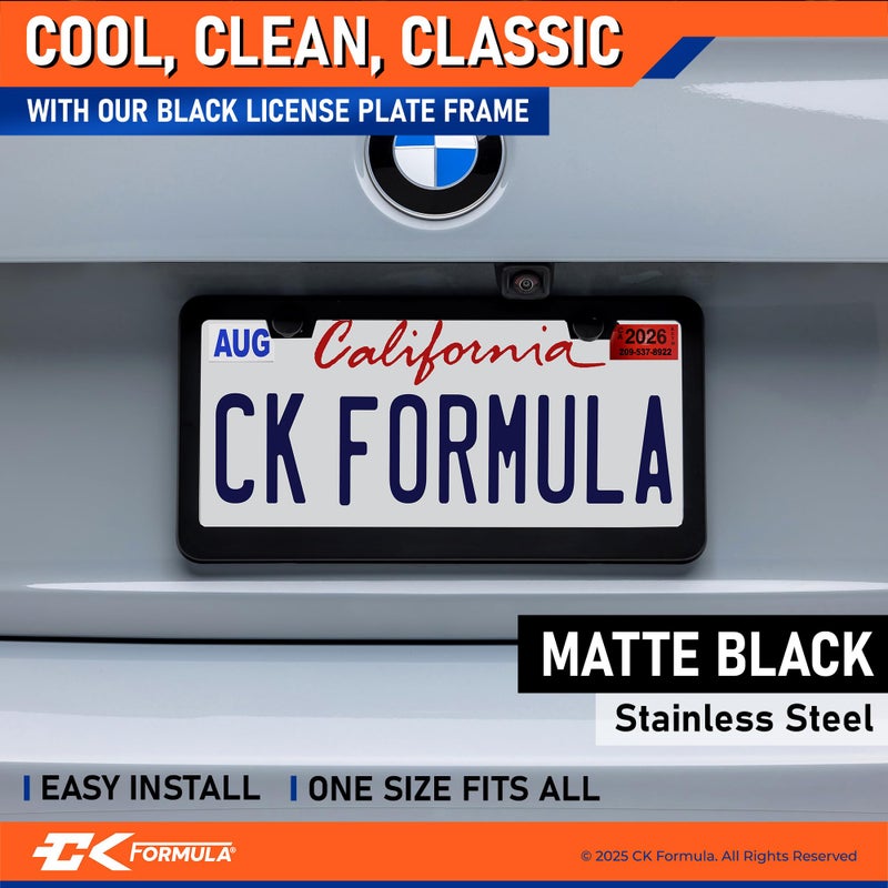 CK FORMULA Matte Black License Plate Frame - 1 Piece, Stainless Steel Metal, Weather & Rust-Proof, Rattle-Free, Slim 2 Hole Design Universal Fit with Screw Caps, Front or Rear Thin Car Tag Holder for Men & Women - Image 2