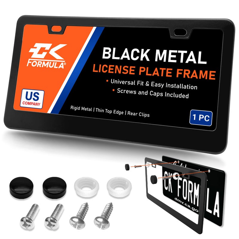 CK FORMULA Matte Black License Plate Frame - 1 Piece, Stainless Steel Metal, Weather & Rust-Proof, Rattle-Free, Slim 2 Hole Design Universal Fit with Screw Caps, Front or Rear Thin Car Tag Holder for Men & Women - Image 1