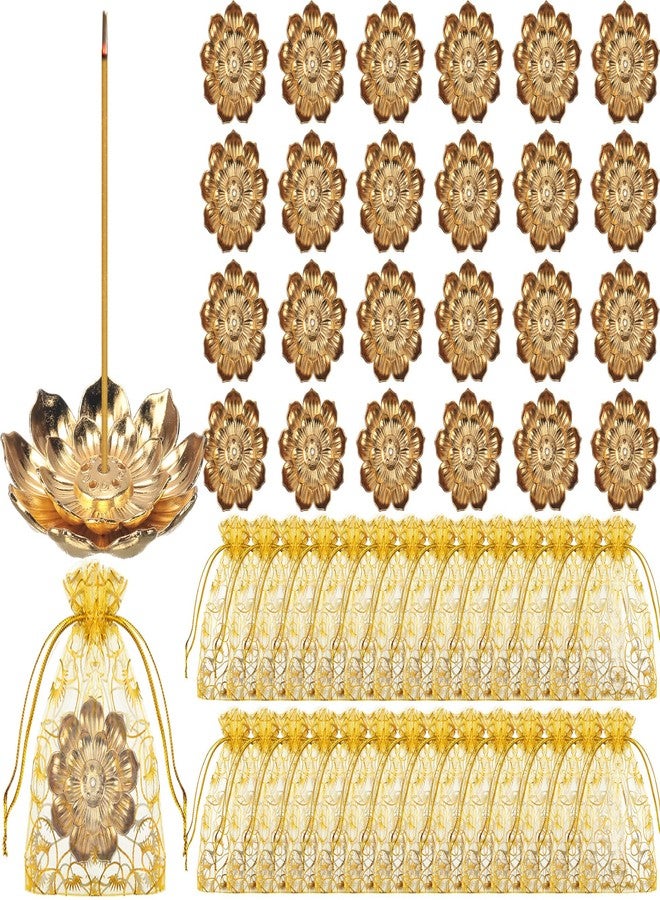 Layhit مجموعة هدايا تذكارية هندية من 24 قطعة من لاي هيت، حامل بخور على شكل زهرة اللوتس، حامل أعواد بخور ذهبية مع أكياس من الأورجانزا، مانع لتناثر الرماد مصنوع من سبائك الزنك، مناسب لتزيين المنزل الجديد، واليوغا، والمنتجعات الصحية. - Image 1