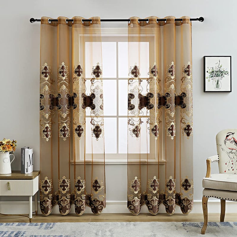 ELKCA Luxury Embroidered Sheer Curtains for Living Room Chocolate Tulle Curtains for Bedroom with Velvet EmbroideredGrommet Top52 W x 96 L2 Panels