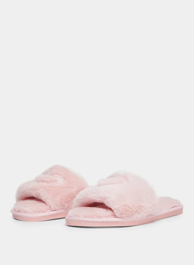 Take Two Solid Plush Heart Detail Slippers