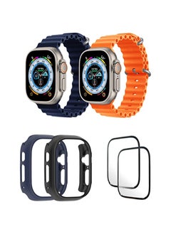 Silicone Ocean Band Strap for Apple Watch Ultra 8 49mm Dark Blue/Orange , Case Compatible with Apple Watch Ultra 49mm Blue/Black , 2* pcs Watch glass Set of 6