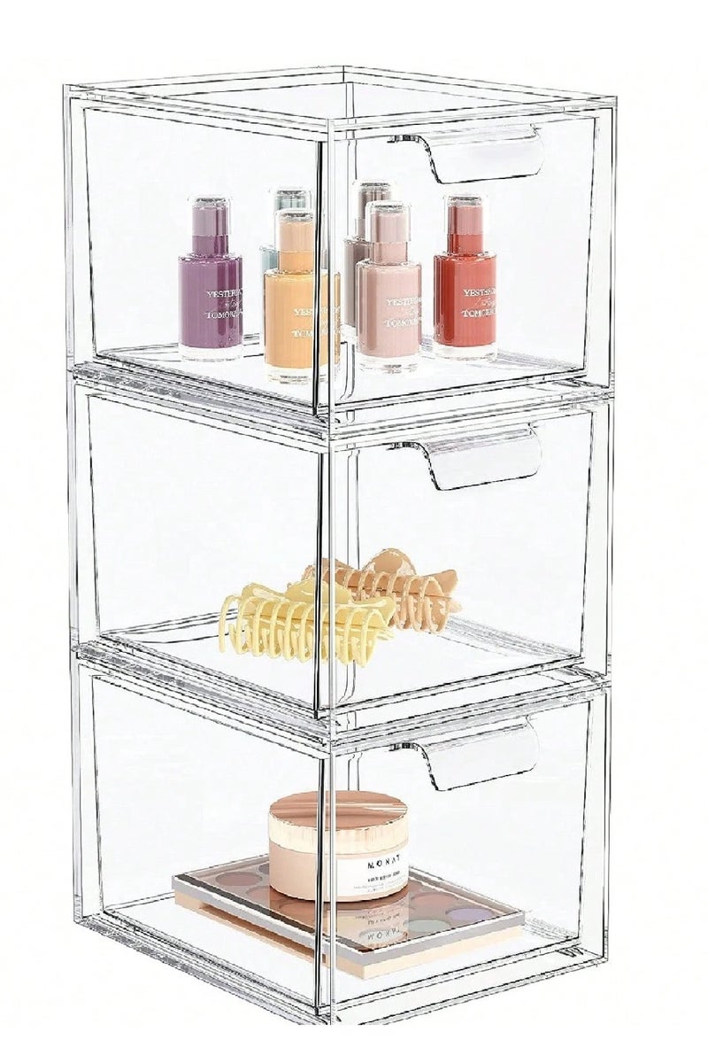 والالا مجموعة من 3 أدراج تخزين قابلة للتكديس، درج مستحضرات تجميل أكريليك قابل للسحب، صندوق عرض منزلي شفاف، صندوق تخزين مستحضرات تجميل مقاوم للغبار، خزانة مطبخ، منظم مكياج، تخزين تحت الحوض - Image 1