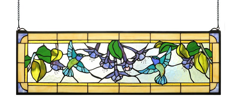 Yogoart Tiffany Style Stained Glass Hummingbirds Fuchsia Horizontal Art Glass Panel 10 x 32