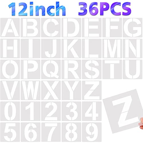FEBSNOW 36 Pcs Reusable Letter  Number Stencils for Painting on Wood Wall Fabric Rock Chalkboard Glass 12 Inches 