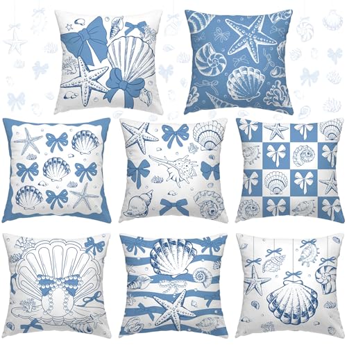 SmoothNovelty 8 Pcs 18x18 Inch Blue Beach Pillow Covers summer Coastal Beach Ocean Room Decor Seashell Coral Starfish bow Pillowcase Set Outdoor Decorative Pillow Covers for Bedroom Living Room Home Decor - Image 1
