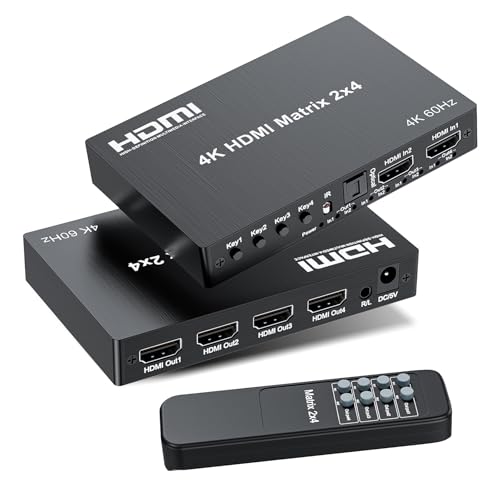 LUKFOCAB 4K 2x4 HDMI Matrix Switch, 2 in 4 Out Matrix HDMI 2.0 Video Switcher Splitter, Optical & 3.5mm Audio Output, Support 4K 60Hz HDR HDCP2.2, 18Gbps, with IR Remote Control for NS PS5 Fire Stick etc - Image 1