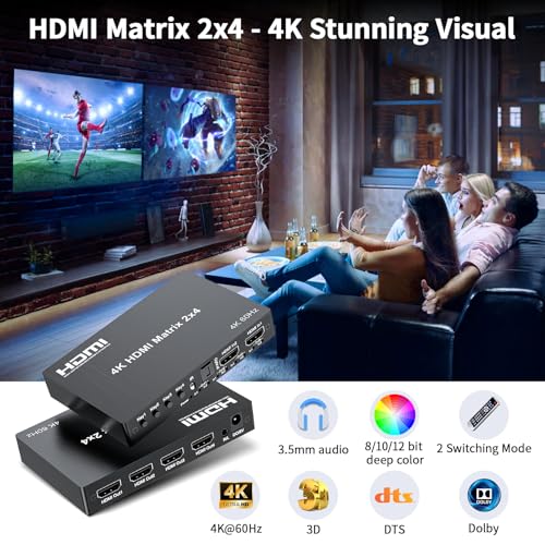 LUKFOCAB 4K 2x4 HDMI Matrix Switch, 2 in 4 Out Matrix HDMI 2.0 Video Switcher Splitter, Optical & 3.5mm Audio Output, Support 4K 60Hz HDR HDCP2.2, 18Gbps, with IR Remote Control for NS PS5 Fire Stick etc - Image 2