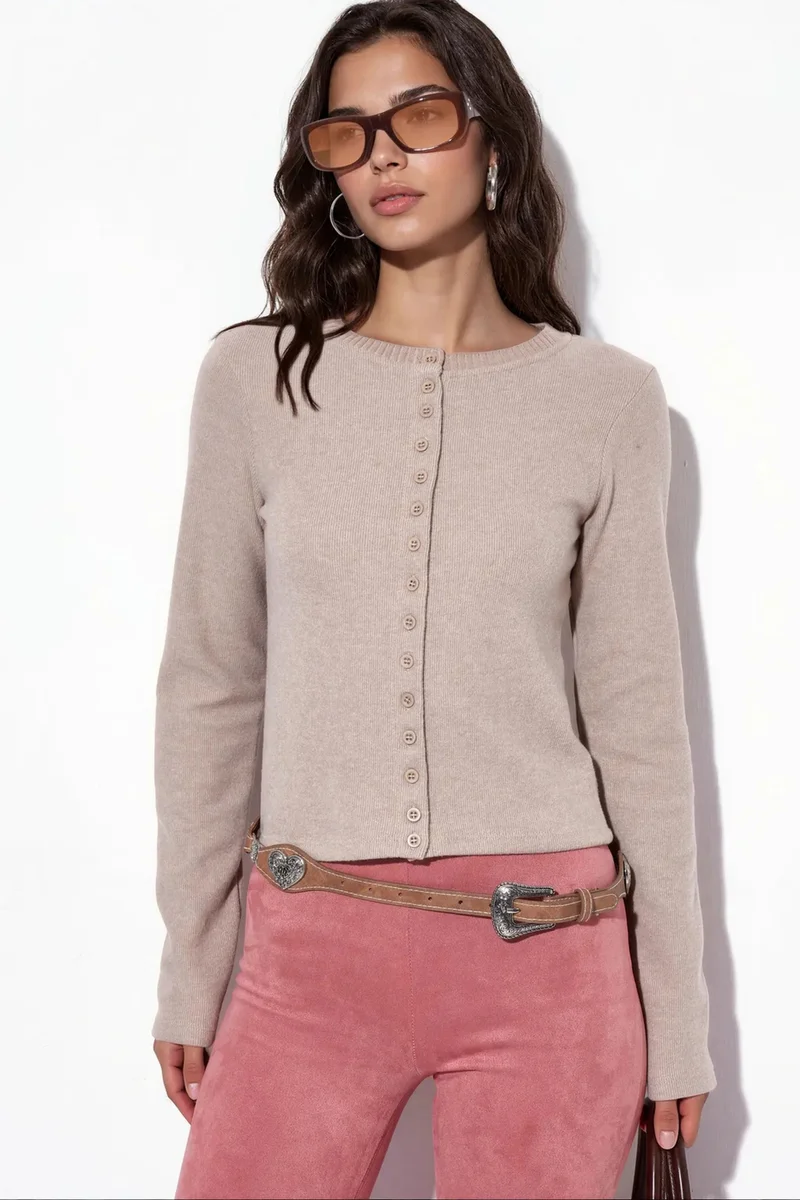 BUSEM Women's Cropped Ribbed Button Cardigan