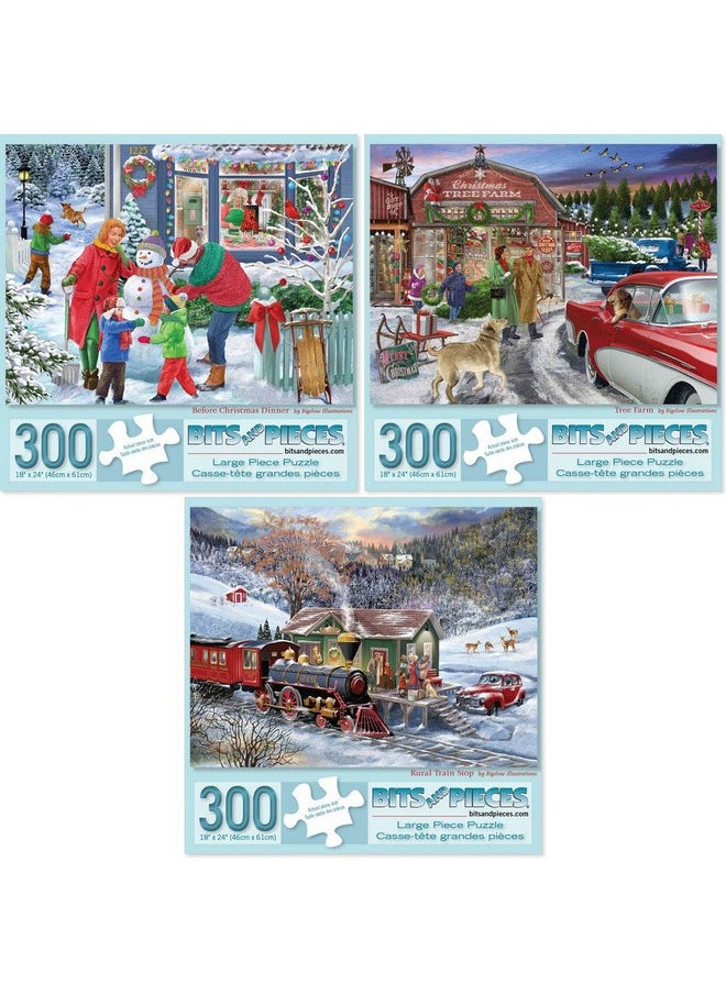 Bits and Pieces Bits and Pieces - Value Set of Three (3) 300 Piece Jigsaw Puzzles for Adults - Each Puzzle Measures 18" x 24" - Home for The Holidays Jigsaws by Artist Bigelow Illustrations  - Image 1