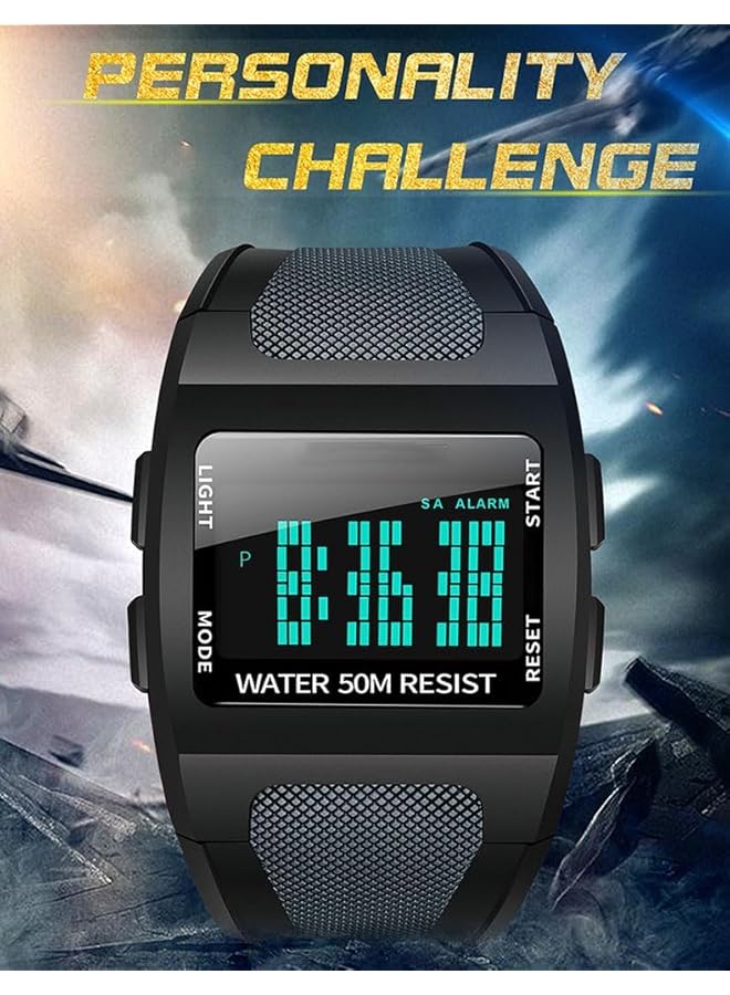 ساعة رياضية رقمية مربعة للرجال - كرونوغراف متعدد الوظائف مع شاشة LED، تصميم مقاوم للماء وميزات خارجية - Image 3