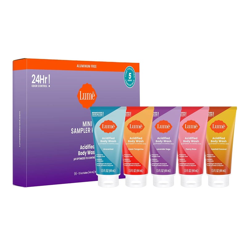 Lume Acidified Body Wash 5 Pack Minis  24 Hour Odor Control  Moisturizing Formulated Without SLS  Parabens  15 ounce Tubes Clean Tangerine Lavender Sage Peony Rose Toasted Coconut Unscented