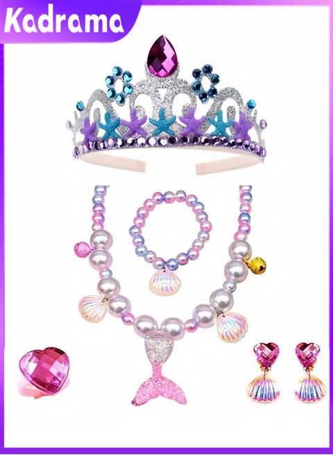 مجموعة مجوهرات حورية البحر الصغيرة للأطفال، مجموعة أساور وقلادات تاج من صدفة اللؤلؤ ومشابك للأذن، مجموعة ملابس الأميرة للحفلات التظاهرية والإكسسوارات الزخرفية (أرجواني)
