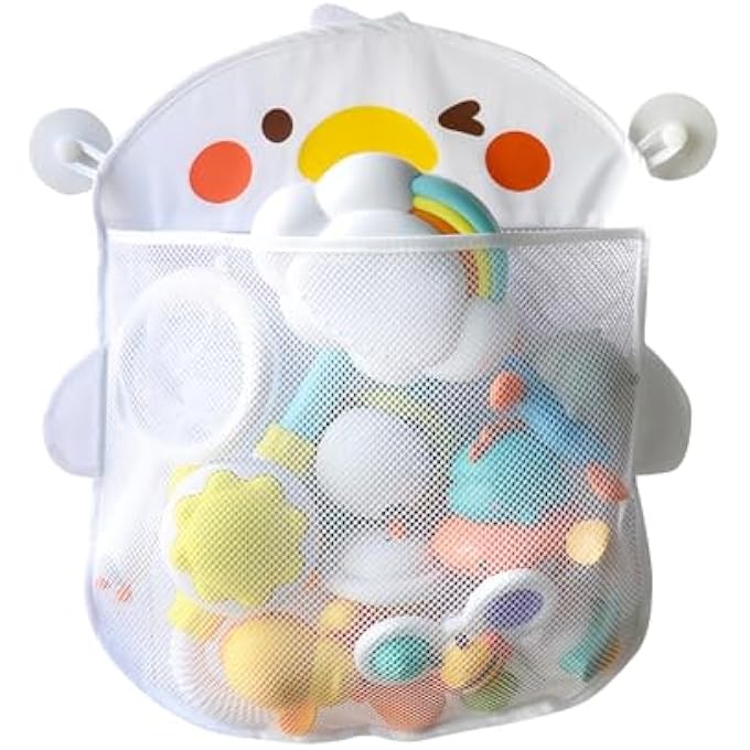 BATH TOY ORGANIZER FOR SHOWER, HANGING MESH BATHTUB TOY HOLDER ALLOWS BABY BATHTUB TOYS TO DRY FASTER, BATHROOM TOY ORGANIZER(WHITE DUCK) - Image 2
