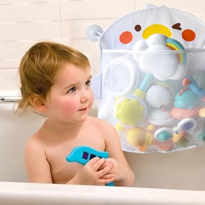 BATH TOY ORGANIZER FOR SHOWER, HANGING MESH BATHTUB TOY HOLDER ALLOWS BABY BATHTUB TOYS TO DRY FASTER, BATHROOM TOY ORGANIZER(WHITE DUCK) - Image 3