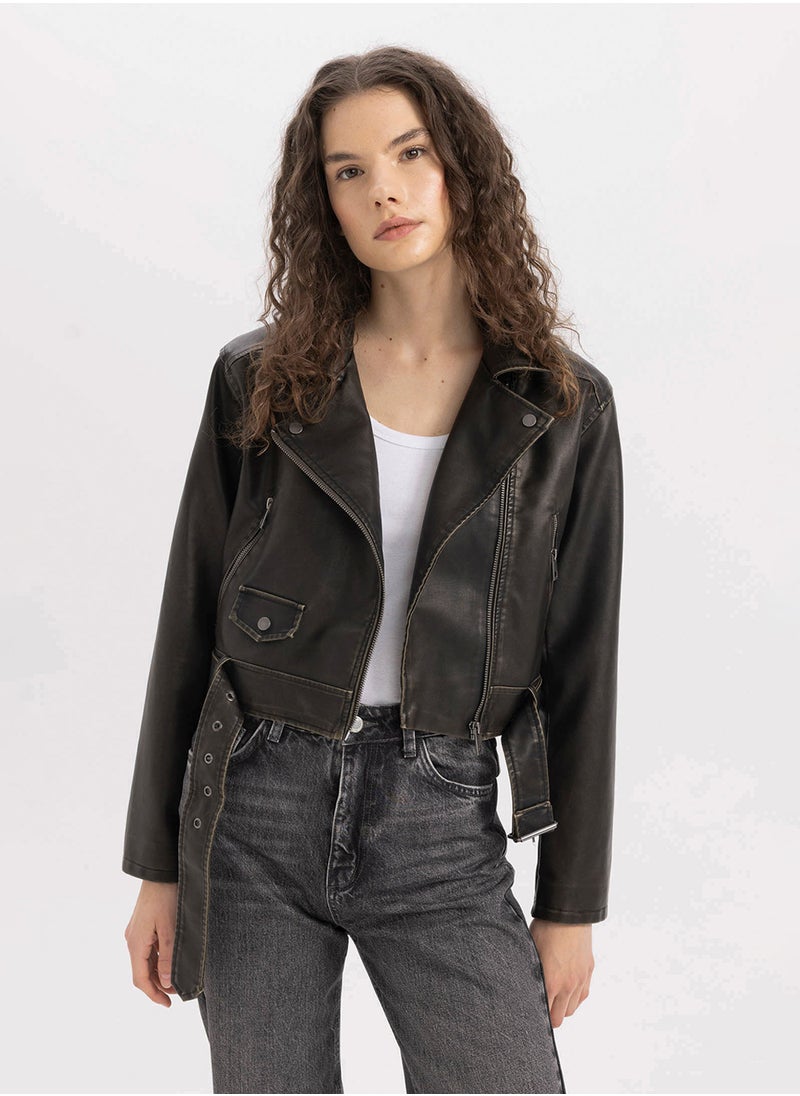 Water-Repellent Oversized Fit Zippered Short Belted Faux Leather Jacket - pzsku/ZE2C844858682B7D568A6Z/45/_/1729508446/aad8efe4-6823-4e9c-bd71-6d02cac57c0b