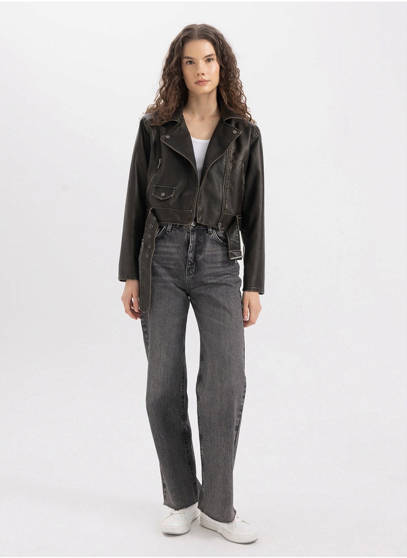 DeFacto - Water-Repellent Oversized Fit Zippered Short Belted Faux Leather Jacket - Image 1