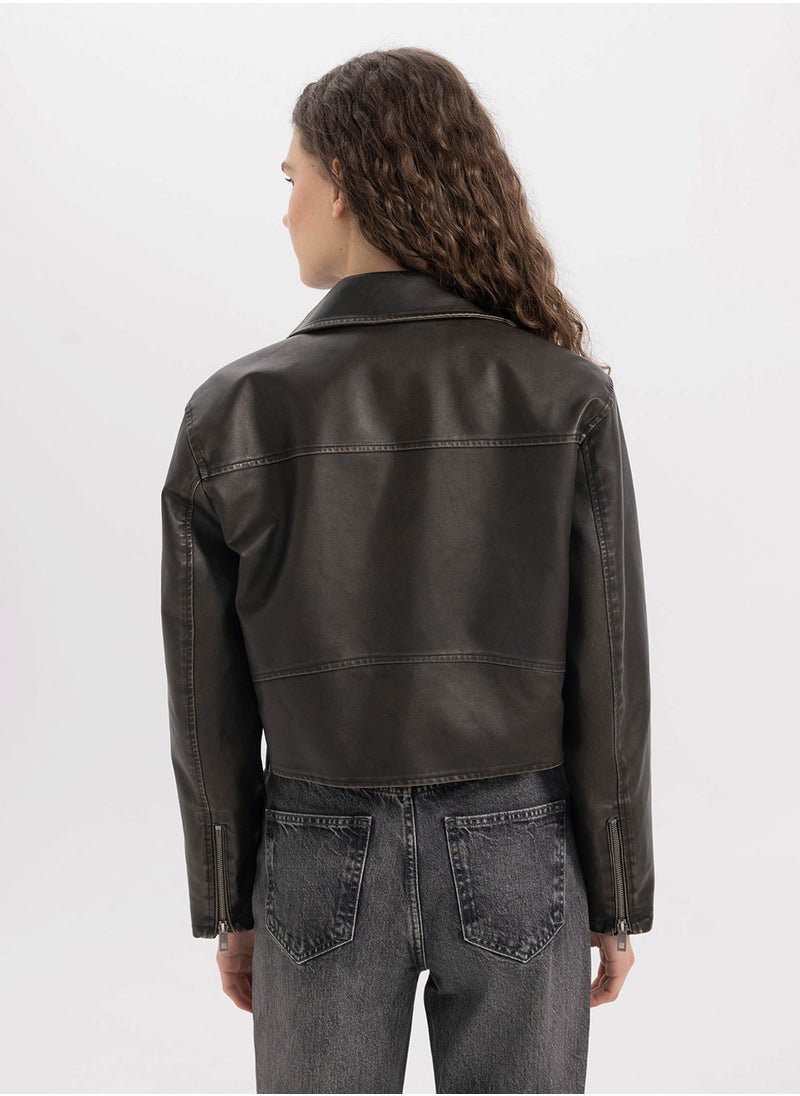 DeFacto - Water-Repellent Oversized Fit Zippered Short Belted Faux Leather Jacket - Image 1
