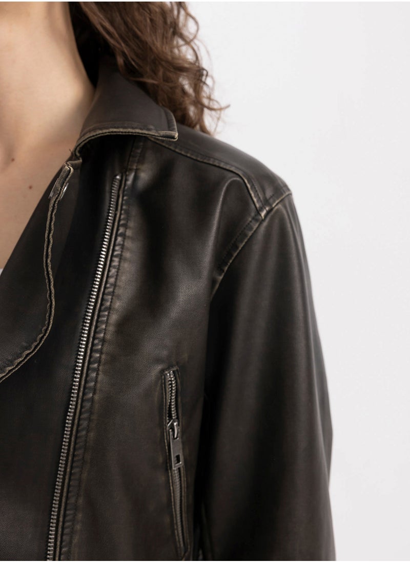 DeFacto - Water-Repellent Oversized Fit Zippered Short Belted Faux Leather Jacket - Image 1