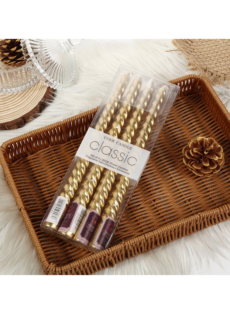 10 Inch Taper Spiral Candle Set of 4Tapered Candle, 8 hrs,Smokeless,Long Candle,Tall Candlesticks, Home Dinner, Party, Wedding, Halloween, Christmas (4, Golden, 25cm) - Image 1